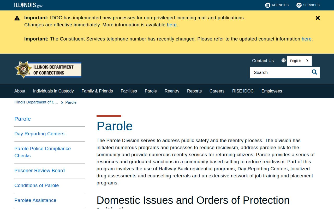 Illinois Department of Corrections Parole Division webpage