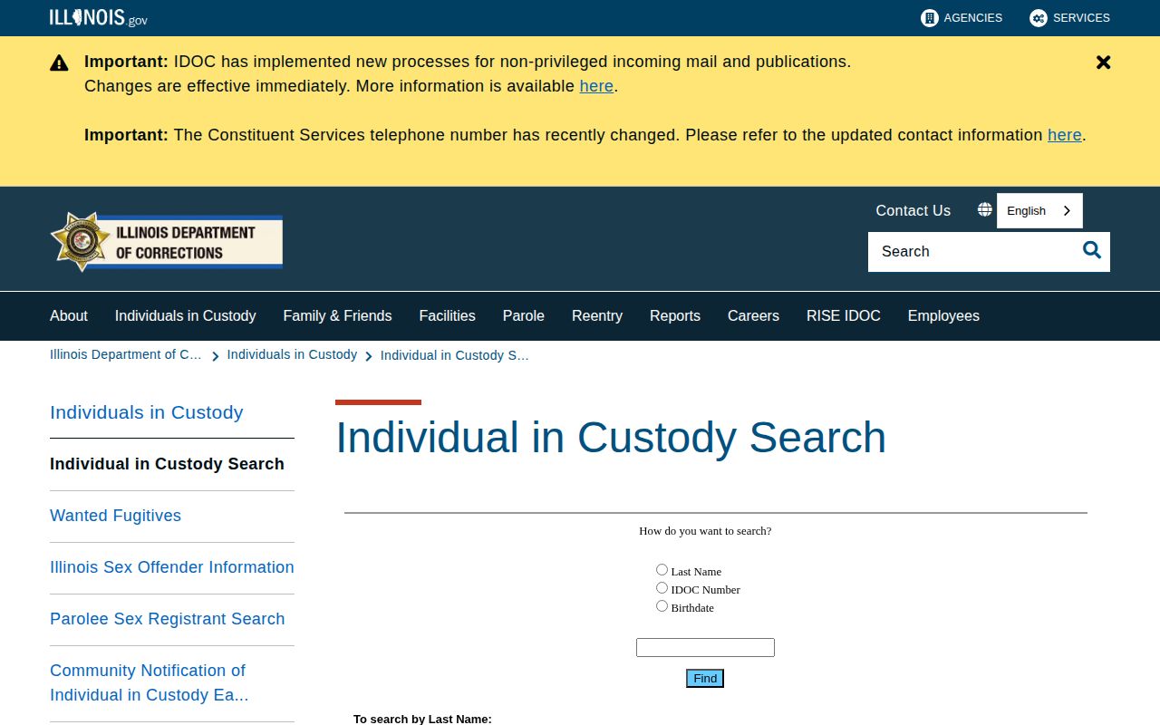 Illinois Department of Corrections inmate search landing page